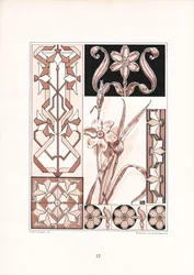 Narcismotieven en geometrische ornamenten in rozentinten (litho)