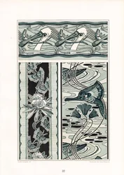 Ornamentele composities met zwanen en vlindermotieven (litho)
