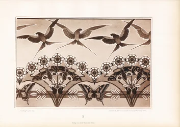 Ornamentaal fries met zwaluwen, vlinders en gestileerde bloemen (litho)