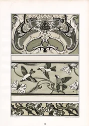 Sierfriezen met vogels, vlinders en florale motieven (litho)