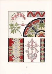 Ornamentstudies met bloedende harten en gestileerde bladmotieven (litho)