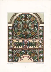 Vensterboog met zonnebloemen en tulpen (litho)