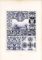 Klaproosmotieven en geometrische ornamenten in blauwe tinten (litho)