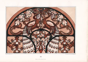 Halfrond ornamentontwerp met pauwenpaar en vlinder