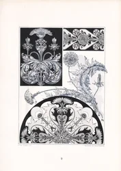 Gestileerde distel ornamenten in zwart en wit (litho)