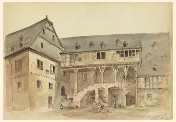 Tekening, Binnenplaats van een middeleeuws landhuis, ca. 1889