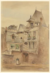 Tekening, Straatbeeld met middeleeuwse huizen, ca. 1885