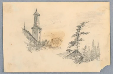 Schets van kerktoren en dak