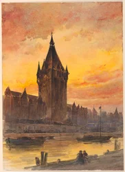 Zonsondergang boven toren en rivier