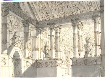 Interieur (van tempel?) met zuilen en beelden