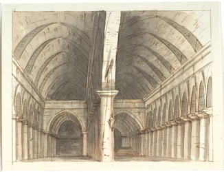 Interieur van de begane grond in een kerk (?) met zuilen en gewelven