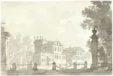 Paleis in omheind park, rechts een hekpoort
