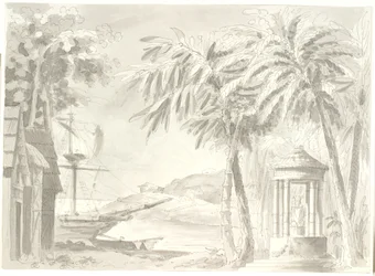 Tropisch kustlandschap met palmen, schip en kleine tempel (Boeddha?)