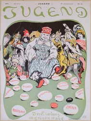 Eierdans, cartoon over de Eerste Haagse Vredesconferentie, uit het Duitse tijdschrift Jugend, 29 juli 1899