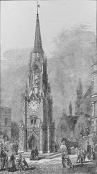 De Wellington Testimonial Klokkentoren die stond aan het zuideinde van de London Bridge, zoals het verscheen
