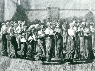 Shakers bij een Bijeenkomst: de Religieuze Dans, illustratie uit The Graphic, gepubliceerd op 14 mei 1870