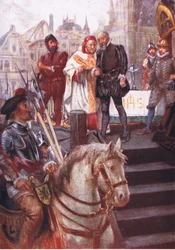 In het midden van het plein was een schavot opgericht, illustratie uit Romance of History: Nederland, 1920s