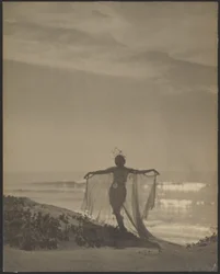[Achteraanzicht van een danseres die een donker kostuum draagt op het strand].