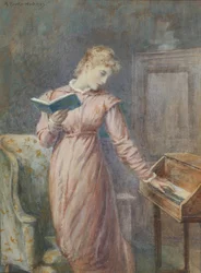 Een dame die leest terwijl ze het spinet bespeelt