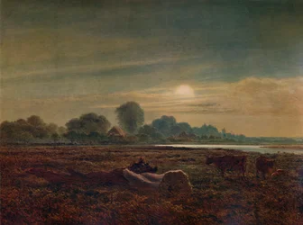 Rivierscène bij maanlicht, met vee, 1879, 1935
