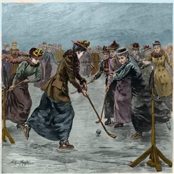 IJshockey: een dameswedstrijd op het meer in Wimbledon Park. (later ingekleurd).