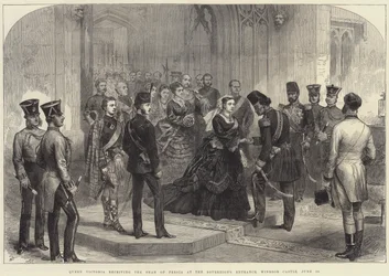 Koningin Victoria ontvangt de sjah van Perzië bij de ingang van de soeverein, Windsor Castle, 20 juni
