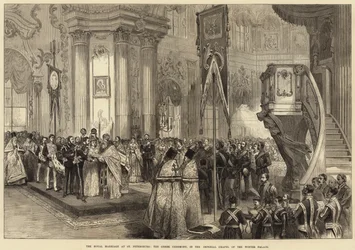 Het koninklijk huwelijk in Sint-Petersburg, de Griekse ceremonie, in de keizerlijke kapel van het Winterpaleis