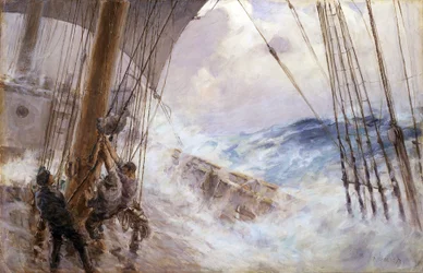Manoeuvres om het zeil van de hoofdmast te laten zakken in de storm