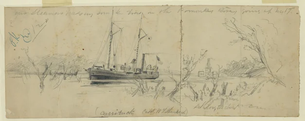 Onze stoomschepen passeren gezonken bomen in de Pomonkey rivier