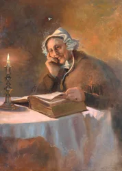Portret van een oude vrouw die de bijbel leest bij kaarslicht, 1896