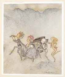ACT IV: Scene I, regel 46 Elk, trippelend op zijn teen, Zal hier zijn met dweil en grimas. Nimfen.