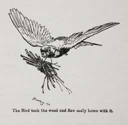Een vogel die een bundel takken draagt