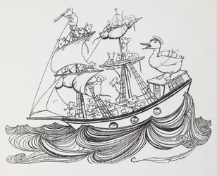 Een schip bemand door muizen en bestuurd door een eend