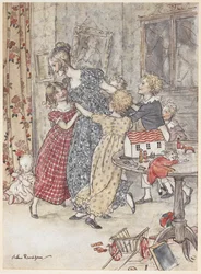 Een jonge vrouw en kinderen dansen in een speelkamer vol speelgoed