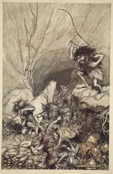 Albrecht drijft een groep Nibelungen met gouden en zilveren schatten bijeen, uit 