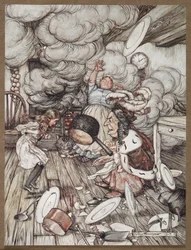 Alice in een keuken met de Hertogin, een kok en de Cheshire Cat