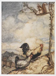 Een illustratie van een kip, haan en eekhoorn uit De avonturen van Chanticleer en Partlet.
