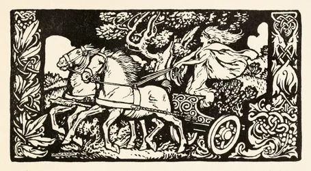 Becfola in haar wagen, uit The Wooing of Becfola in Irish Fairy Tales