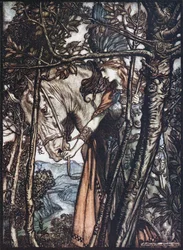 Brünnhilde leidt haar paard aan de teugel. Illustratie voor De Rijn en De Walkure door Richard Wagner