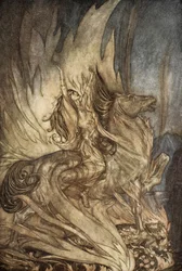 Brunnhilde op Grane springt op de brandstapel van Siegfried, illustratie uit 