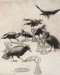 Maar ze zeiden de een na de ander: Hallo! Wie heeft van mijn bord gegeten? Wie heeft uit mijn beker gedronken? uit De Sprookjes van de Gebroeders Grimm, pub. 1909
