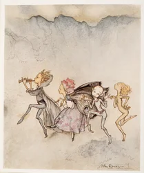 Iedereen, trippelend op zijn tenen, zal hier zijn met dweil en grijns, illustratie uit William Shakespeares De Storm, uitgegeven 1926