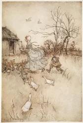 Gekleed in een paar van zijn vaders afgedankte broek die hij net zo moeilijk omhoog moest houden als een deftige dame haar sleep bij slecht weer., uit Rip Van Winkle door Washington Irving, uitgegeven 1910