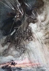 Woedend rijdt Wotan naar de rots. Illustratie voor Het Rijngoud en De Walkure door Richard