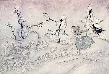 Gerda is doodsbang voor de voorhoede van de Sneeuwkoningin, maar ze zei Onze Vader en wordt gered door kleine heldere engelen, illustratie uit De Sneeuwkoningin door Hans Christian Andersen, gepubliceerd 1932