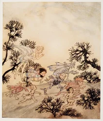 Ga mijn kobolden bevelen dat ze hun gewrichten met droge stuiptrekkingen malen, illustratie uit William Shakespeares De Storm, uitgegeven 1926