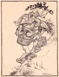 Kreunend voortdurend, beklom hij de berg. Illustratie door Arthur Rackham uit Grimm