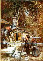 Hans en Grietje en de heks op de drempel van haar huisje