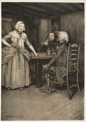 Hij vond de oude burgers, en nog meer hun vrouwen, rijk aan die legendarische liefde die zo onschatbaar is voor ware geschiedenis., uit Rip Van Winkle door Washington Irving, uitgegeven 1910