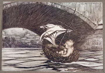 Hij ging onder de brug door en kwam volledig in zicht van de heerlijke tuinen, uit Peter Pan in Kensington Gardens door J M Barrie (1860 - 1937), pub. 1906